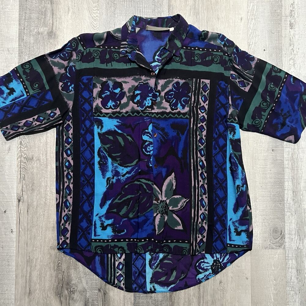 VTG 70s 80s Hawaiian Shirt Blue Purple Rayon Blend Abstract Floral Beach Surf